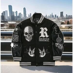 NWT! Rockstar Original YOUTH Boys Vidar Black Varsity Bomber Jacket SZ 6/7 $165